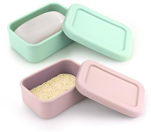 LELE LIFE 2 Pack Silicone Travel Soap Case, Leakproof with Drainage Dish, Shatterproof Bar Soap Holder Container Box with Lid for Traveling, Gym, Bathroom (Green + Pink)