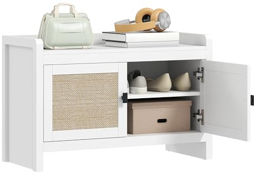 HOMCOM Schuhbank Schuhschrank Schuhschrank Bohemian Aufbewahrungsbank mit Rattan Fronttüren Ausziehbares Regal für 8 Paar Schuhe für Eingangshalle Schlafzimmer 80x35x52 cm Weiß