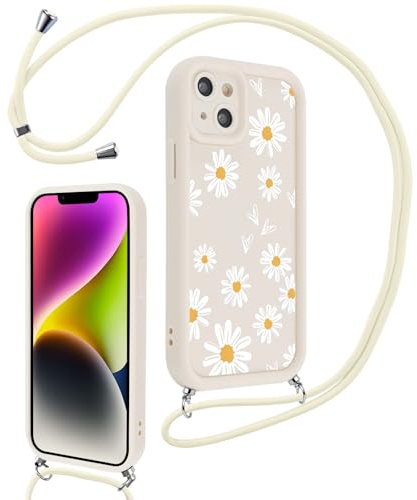Vxinvnoi Cover Cordino per iPhone 14 Plus 6,7,Aesthetic Fiori Disegni Custodia con Corda Collana Tracolla Laccio, Sottile Silicone Morbido TPU Bumper Antiurto Protettiva Case per iPhone 14 Plus,Beige
