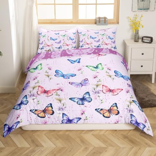 Loussiesd Girls Junior/Cot Bed Duvet Cover Butterfly Bedding Set 135x200cm with 1 Pillowcase Purple Reversible Bright Floral Print Bedding Set for Kids Colorful Butterflies Bedding 2 Pcs