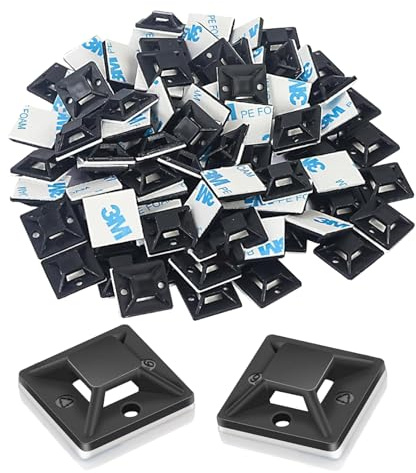 Lot de 100 supports adhésifs pour serre-câbles, 20 x 20 mm, mini serre-câbles, auto-adhésifs, pour la maison, le bureau, le câble d'alimentation, socle de fixation, fixation de câbles (noir)
