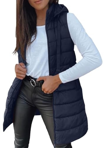 Lazzboy Steppweste Damen Lang Ärmellose Weste Mit Kapuze Steppmantel Warmer Wintermantel Reissverschluss Longweste Taschen Daunenweste Übergangsjacke Für Herbst Und Winter