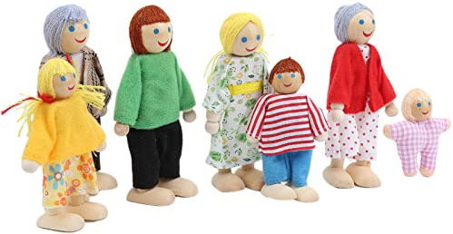 SIXRUN Family Doll Set, Wood Family Dollhouse People Playset - Opa, Oma, Mama, Papa, Schwester, Bruder, Baby Wood Dollhouse -Figuren mit Flexiblen Gliedmaßen, um Fantasie zu Inspirieren und (Puppe 7)