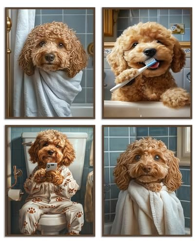 Dazzlewall 4er Set Komische Hund Badezimmer Wandkunst, Süßer Pudel Wandbilder für Toilette Badezimmer Ohne Rahmen 20x25 cm