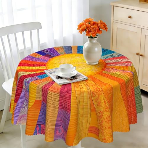 Tischdecke Rund 120 cm Wetterfest Abwaschbar - Polyester Sonnenstreifen Muster - Outdoor Tischdecke für Garten Küche Esszimmer Balkon - für 2-4 Personen - Wasserdicht & Langanhaltend