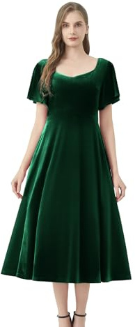 AXOE Women's Velvet Evening Dress A-Line Midi for Autumn Winter Wedding Guest Cocktail Party Prom