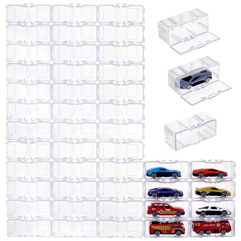 INTERWARM 60Pcs Acrylic Display Case for 1/64 Scale Matchbox Wheels Toy | 9.05x3.95x4cm Cars Showcase Desktop Storage Organizer with Hinged Lid, Clear Display Box for Model Car