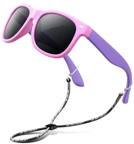 RIVBOS Kids Sunglasses Polarized UV Protection Flexible Rubber Glasses Shades with Strap for Boys Girls Pink