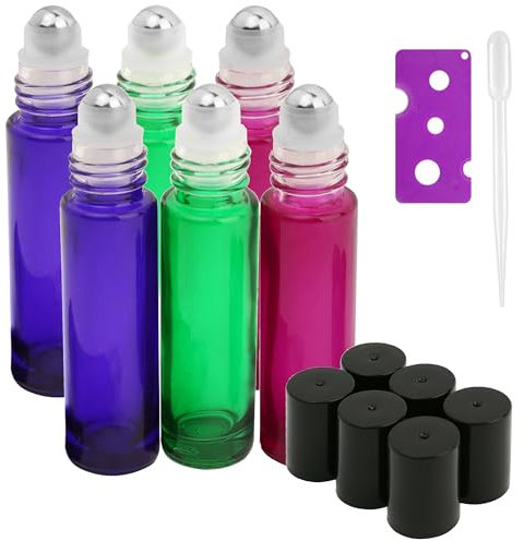 10ml Glass Roller on Bottles with Stainless Steel Roller Ball 6pcs- Refillable Essential Oil Roller Bottles with Lid Opener Pry Tool & 1 Transfer Pipettes, Great for Aromatherapy, by JamHooDirect