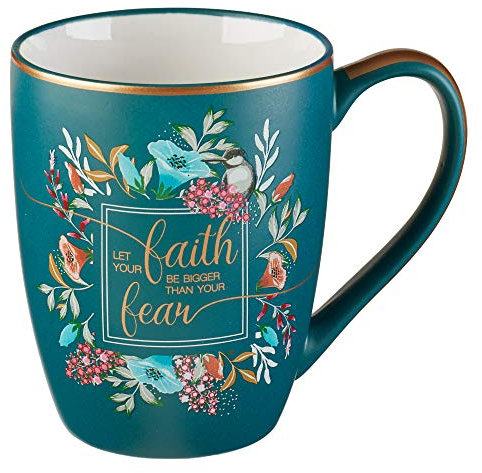 Floral Faith Tasse für Damen und Herren, Keramik-Kaffeetasse mit goldfarbenem Rand und Kalligraphie, 340 ml