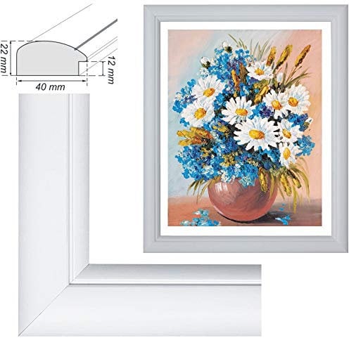 RAABEC Bilderrahmen, für Bilder der Größe 40x50cm, Farbe Weiß matt, ideal für Malen nach Zahlen Bilder z.B. von Schipper oder Ravensburger, Neu! (mit Antireflex-Acrylglas)