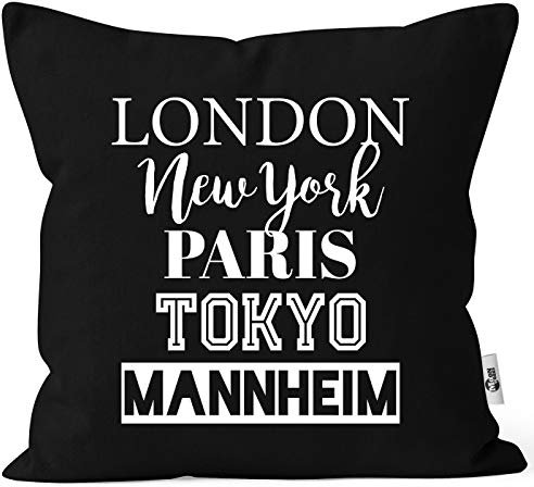MoonWorks® Kissen-Bezug London Paris New York Tokyo Deine Stadt Dorf Ort Ortsname Kissen-Hülle Deko-Kissen Baumwolle schwarz Unisize