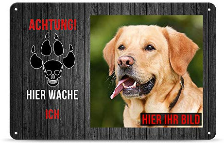 PR Print Royal Blechschild PERSONALISIERT mit EIGENEM Hundefoto und Spruch - Achtung! Hier wache ich - Geschenkidee für Hundebesitzer/Türschild/Hundeschild - Querformat DIN A4