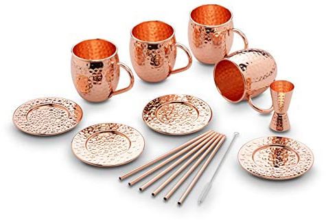 ECHTWERK Moscow Mule Becher 13er Set gefertigt aus Edelstahl im Hammerschlag-Look bestehend aus 4x Becher 500ml, 4x Untersetzer, 4x Strohhalm und 1x Messbecher 2cl/4cl