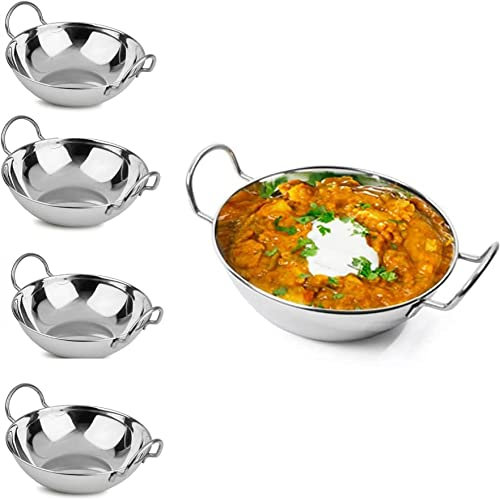 Copper Top Set of 4 Premium Stainless Steel Balti Serving Dishes, 15cm, 16cm, 17cm, 18cm, 19cm, 20cm, 21cm, 22cm, 23cm, 24cm, 25cm, 26cm Indian Food Curry Serving Handled Dishes (21cm)