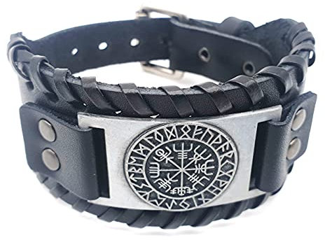 Vikings Armband Vegvisir Wikinger Kompass Leder Metall schwarz silber