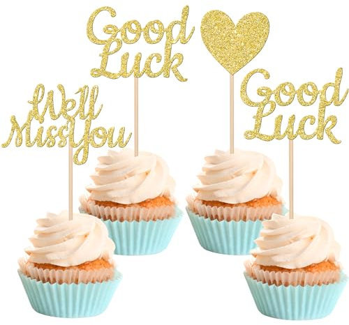 SYKYCTCY 24 Pack We Will Miss You Cupcake Toppers Glitter Red Love Heart Good Luck Cupcake Picks Retirement Theme Going Away Party Cake Decorations Gold