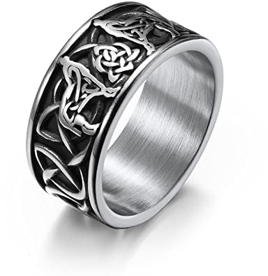 Ringe Herren Silber, Münner Ringe Edelstahl Keltischer Wolf Ringe Herren Geschenke für Männer Größe 67 (21.3)