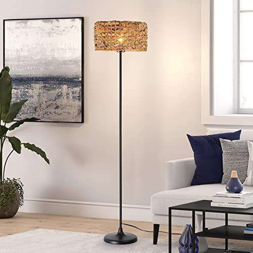 LUSTORM 1 Vintage Floor Lamp Standing Lighting with Rattan Lampshade Industrial E27 Lighting with Switch Cable Boho Floor Lamps for Bedroom