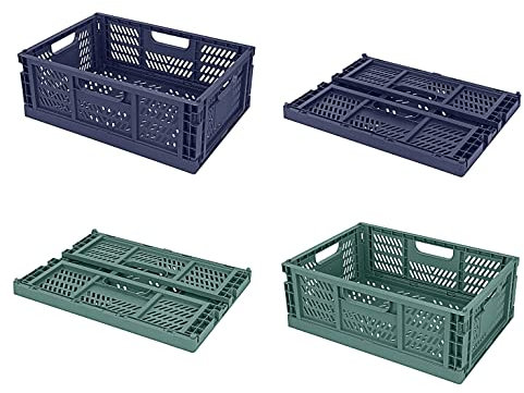 Spesh 4 Stücke Faltbare Aufbewahrungskorb Kunststoff Aufbewahrungskiste Lagerkisten für Küche, Schlafzimmer, Arbeitszimmer (2 Stück Blau +2 Stück Dunkelgrün, 40*30*15cm)