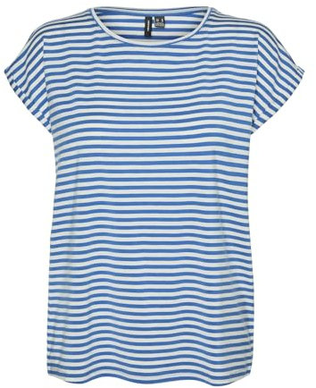 VERO MODA Damen VMAVA Plain SS TOP Stripe GA JRS NOOS T-Shirt, Ibiza Blue/Stripes:Pristine, Small