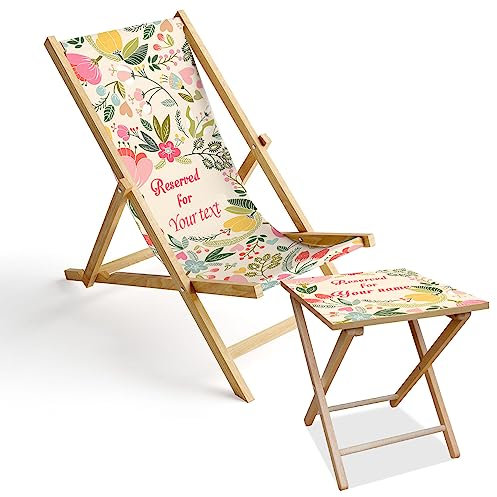 Ferocity Holz-Liegestuhl und Tisch Set | Personalisierbar Klappbar Klappliegestuhl Sonnenliege Strandstuhl | Birkenholz | Gartentisch 40 x 40 x 47 cm | Motiv Pastelblumen Flowers [119]