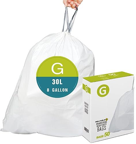Code G Heavy Duty Trash Bags with Reinforced Drawstring for 8 Gallon/30 Liter Compatible with simplehuman Code G (50 Count) | Tear & Leak Resistant Drawstring Garbage Liners
