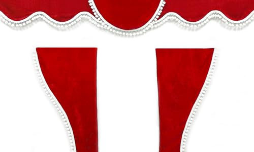 LKW Vorhänge - 3 STK. Gardinen Set in Rot mit weißen Pompons