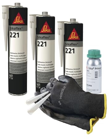 Sikaflex 221 schwarz 3x 300ml Kleb- und Dichtstoff mit Primer 209D - ideal zur Abdichtung von Kunststoff mit 5 Düsenspitzen