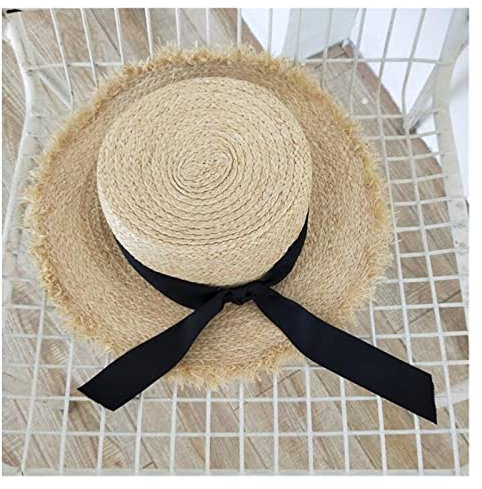WowzZa Sommer Bogen Bast Hut Temperament Flache Strohhüte Damen Meer Strand Urlaub Freizeit Sonnenschutzhut (Color : Nero, Size : 55-58cm)