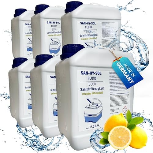 EXPLORER® San-Hy-Sol Sanitärflüssigkeit für Campingtoilette 15L (6x2,5L) Sanitärkonzentrat Made in Germany mit frischem Zitronenduft Temperaturbeständig & Wirkungsvoll