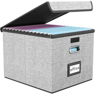 KITERI Portable File Organizer Box with Lids Collapsible Storage Bin Linen Hanging Filing Storage Boxes Fabric Bins Document Box with Plastic Slide for File Folders Closet Office