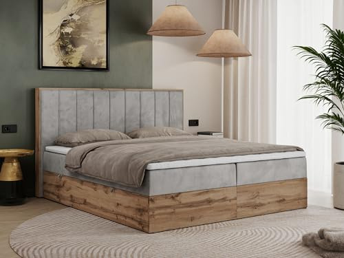MKS MEBLE Boxspringbett 180x200 cm mit Bettkasten Eiche, Polsterbett mit Matratze H3 und Topper T25, Bett mit Kopfteil, Bett mit Holzrahmen in Wotan Eiche - Hellgrau Velvet - Bellissimo