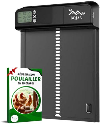 Porte Automatique poulailler en Aluminium | Minuterie programmable | EBOOK Offert | Idéal pour Tous Les poulaillers l Fonctionne à Piles | Trappe pour Poules ou Coq Anti-pincement | Écran LCD Étanche