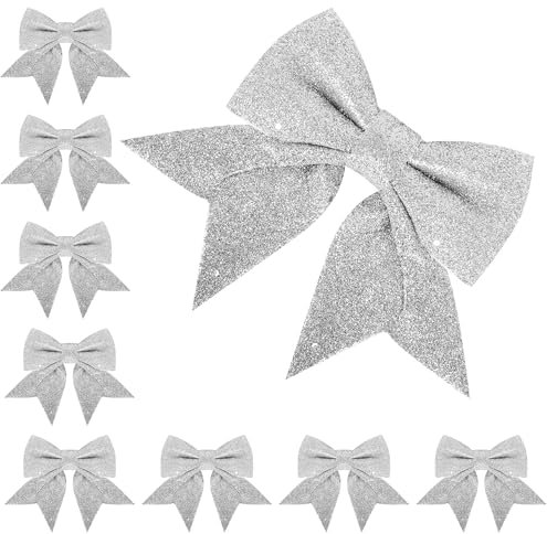 8pcs Silver Glitter Bows for Christmas Tree Decoration, 5 x 7inch Xmas Glitter Bows, Silver Christmas Decorative Bows for Christmas Tree, Decor Wreath, Christmas Party, Girls Butterfly Decoration