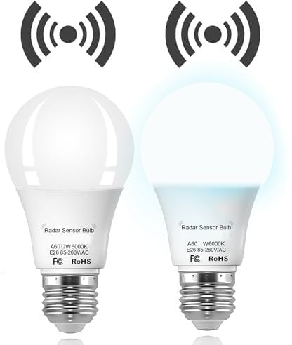 Vanpus Dusk to Dawn Light Bulbs,Motion Sensor Light Bulb, Auto On/Off Radar Sensing Bulb, E27 LED Light Bulb, 12W (6000k),Night Lamp for Stairs, Garages, Corridors, Courtyards, etc (2 Pack)