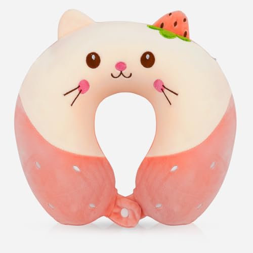 Aurasky Nackenkissen Kinder Memory Foam Nackenstütze, Cartoon Tier Nackenhörnchen Erwachsene, Reisekissen U-förmiges Nackenstützkissen für Auto Flugzeug Zug Büro Heim(Rosa Katze)