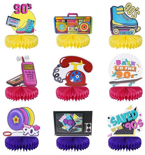 Minnhua 9 Stück 90er Thema Party Dekorationen Bienenwabe 1990er Waben Tischdeko 90er Thema Party Tischaufsätze 3D Party Zubehör Papier Waben für Retro Hip Hop 90er Thema Party Tischdekoration