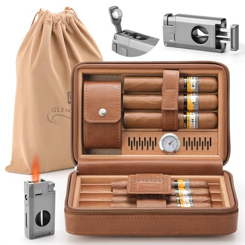 GLENCREAG Estuche humidor portátil de viaje para puros, funda de cuero de cedro forrada de madera de cedro con cortador en V y encendedor de antorcha, higrómetro y humidificador integrados, bolsa de