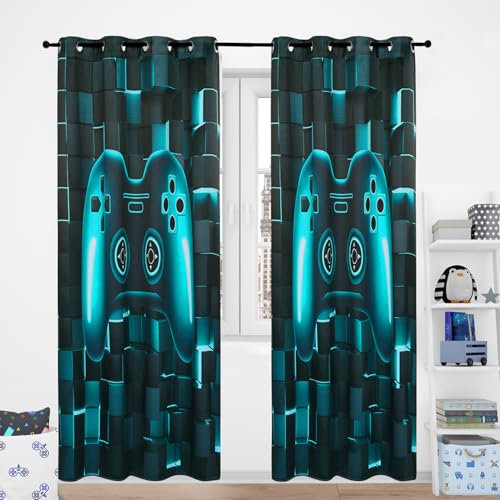 PERFEMET Gamer Verdunkelungsvorhänge für Jungen, 2 Paneele, 3D-Gaming-Controller, Fenstervorhänge für Kinder, Jugendzimmer, buntes Schwarz und Blaugrün, Gamepad, Schlafzimmer, Wohnzimmer, Ösen