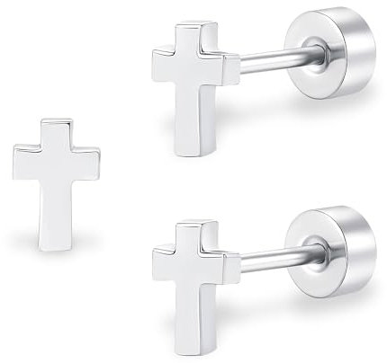 ZDE Titan Frauen Flatback Ohrringe Himmlische Blitz Bolzen Damen Ohrringe 5mm flach zurück CZ Ohrring hypoallergen Knorpel Flatback Ohrring Tragus Helix Tragus Conch Piercing (Cross-Silver-DE)