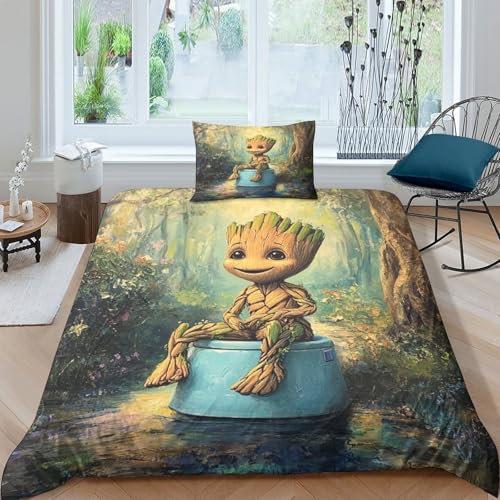 HITBOD Bettgarnitur Groot 3D Gedruckt Deckenbezug Sanft Mikrofaser 2 Teilig Mit Kissenbezug Und Reißverschluss Single(135x200cm)
