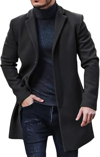 Mens Trench Coat Mid Length Classic Regular Fit Single Breasted Wool Blend Overcoats Casual Business Peacoat (A-Black, L)