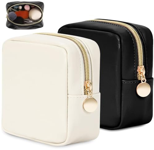 YWKJDDM Small Makeup Bag, 2PCS Travel Toiletry Bag, Mini Make Up Bag for Women Girls, Black, White