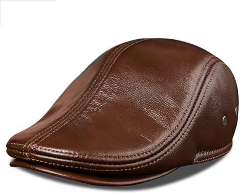 Schiebermütze Herren, Echt Leder Schiebermütze mit Ohrenklappe Schlägermütze Flat Cap, Echtes Aus Leder Ivy Futter Ohrenschutz, Barret Cap (DE/NL/SE/PL, Numerisch, 59, 60, Bräunen)