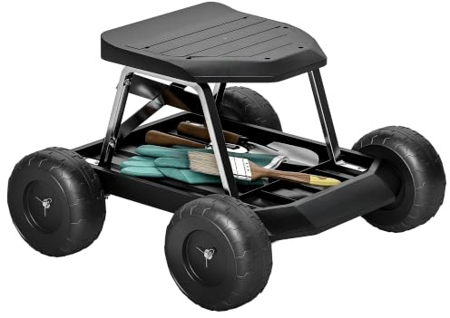 Outsunny Asiento de Jardín con Ruedas Taburete de Jardinería 130 kg Negro | Bandeja de Herramientas, Carrito para Trabajo, Patio Exterior, Huerto
