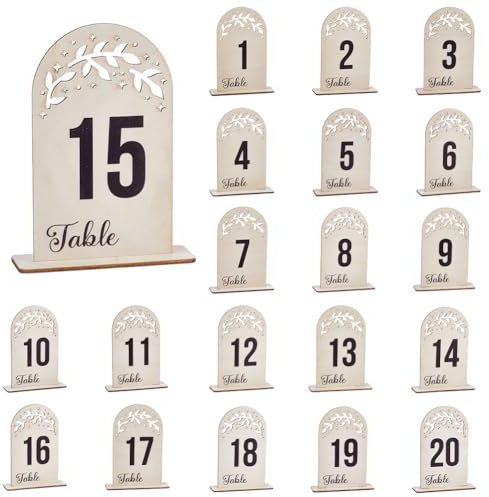 UNICRAFTALE 20pcs Wooden Wedding Table Numbers Wooden Tables Plate Display Decoration Wheat Colors Arch Number 1-20 Table Plate with Wood Base for Wedding Restaurant Birthday Party