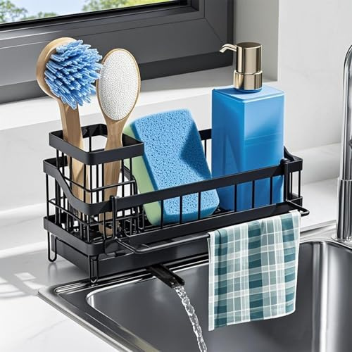 Spülbecken Organizer Küchen, Hängend & Landung Schwamm Haken, Selbst Drainage Spülorganizer, Küchenorganisation Spüle mit Handtuchhalter Klebstoff Bürstenhalter, Spülmittel Halterung für Küche Counter