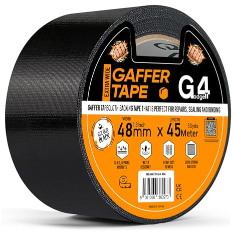 G4GADGET Gaffer Ruban adhésif en tissu imperméable, résistant aux déchirures et multi-usages pour intérieur et extérieur Noir 48 mm x 45 m