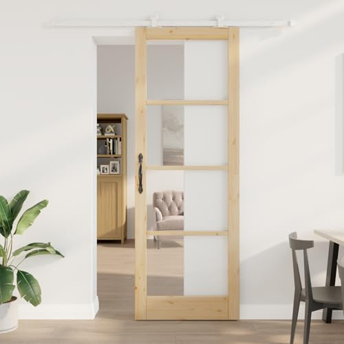 Gecheer Porte coulissante avec kit de quincaillerie 'ORKDAL'en Bois Massif et Verre